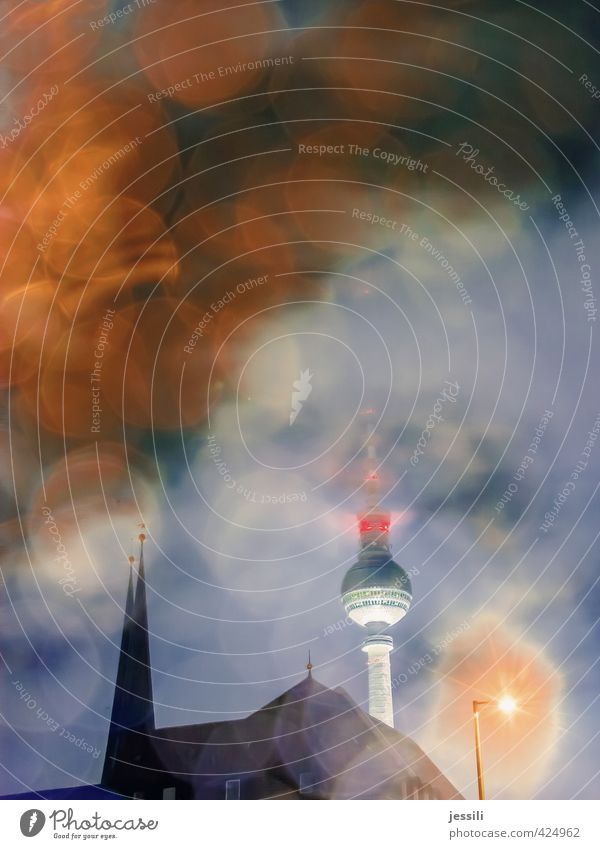 thunderstorm tower Summer Rain Thunder and lightning Berlin TV Tower Downtown Berlin Landmark Souvenir Fear Tourism Sky Clouds Roof Point Street lighting