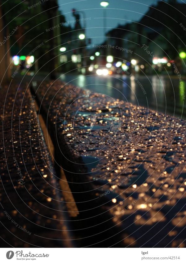 rain bank Drops of water Reflection Night Things Rain Bench Street Evening