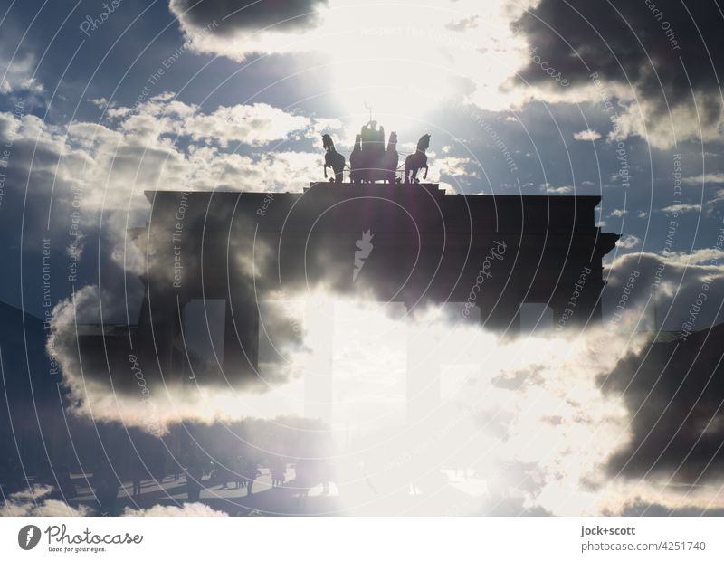 Brandenburg Gate in the clouds Landmark Clouds Fantastic Experimental Double exposure Illusion Surrealism Reaction Sky Berlin Agreed Silhouette Irritation