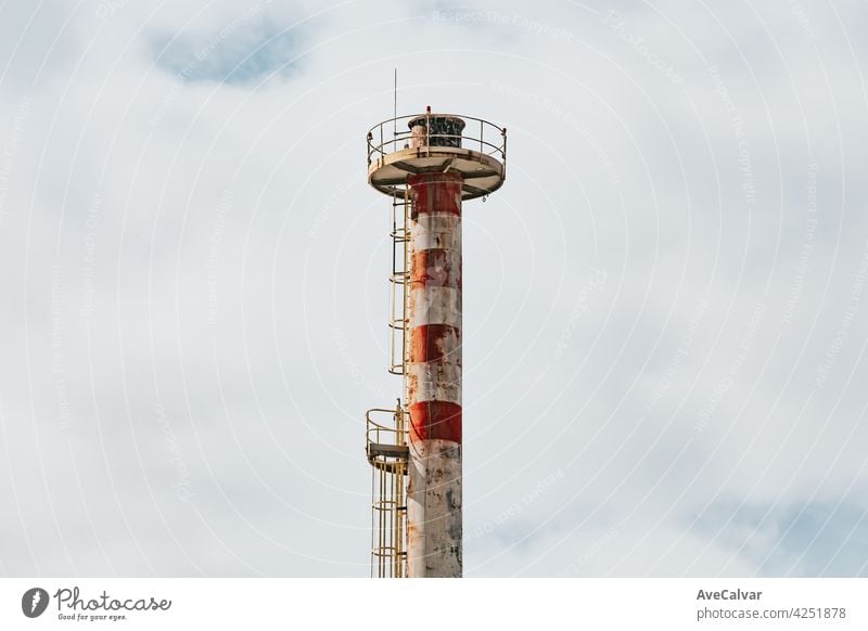 Factory chimney Close up with a bright sky with copy space, concept pollution chemical climate contamination environmental factory fuel gas global power smoke