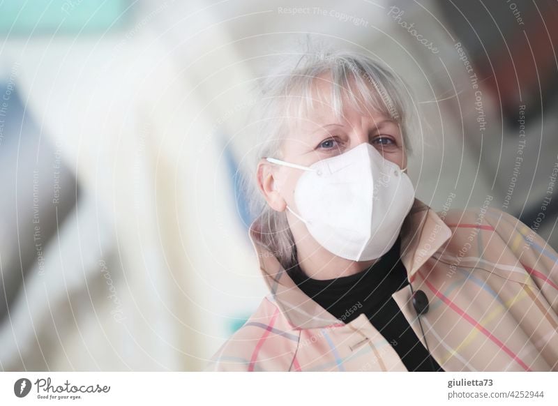 Portrait of a sympathetic, older woman with white hair and FFP2 mask | corona thoughts 1 Human being Adults Senior citizen 45 - 60 years 50-60 years 50+ 60+