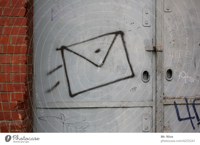 Why don't you write... Goal Mail Letters Entrance Front door Closed locked Old Structures and shapes Metal door Graffiti Dirty Building Hall Warehouse