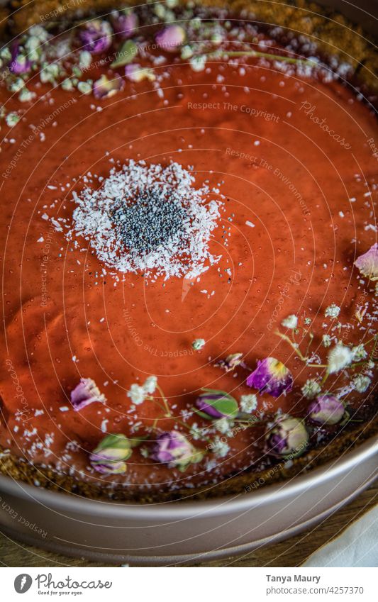 close up of a baked vegan cheesecake with poppy flower syrup gourmet Baking Baked goods poppy seed Delicious Bakery vegan sweet rustic pie Sweet Healthy Eating