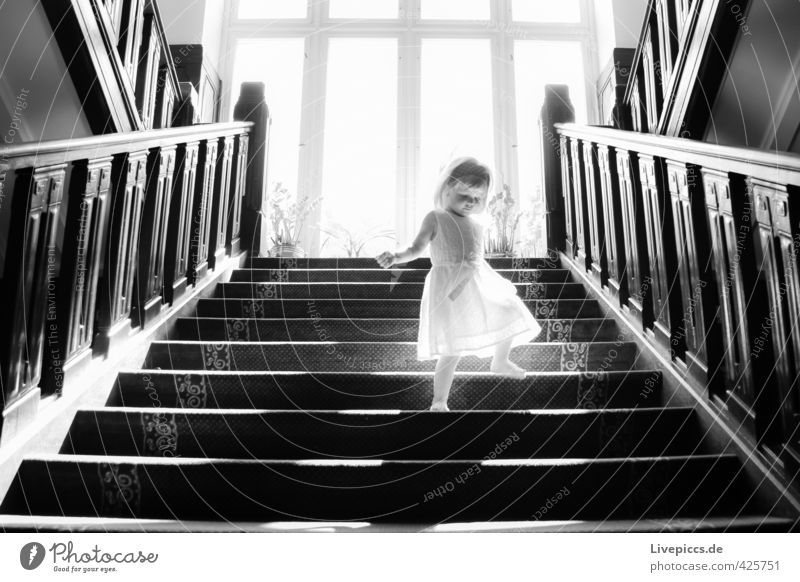 ...on the stairs Human being Feminine Child Toddler Girl Body 1 1 - 3 years Stairs Window Going Stand Black White Black & white photo Interior shot Day Light