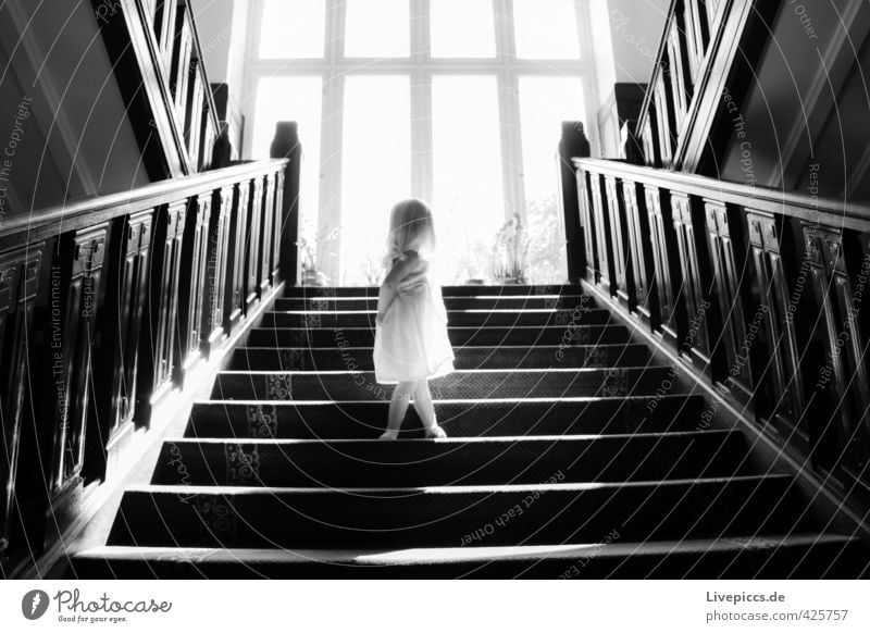 on the stairs Human being Feminine Child Toddler Girl Body 1 1 - 3 years Sun Sunrise Sunset Sunlight Summer Stairs Window Wood Glass Rotate Illuminate Looking