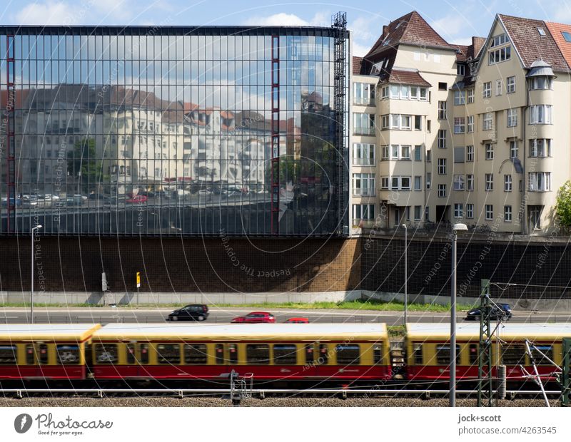 Row of houses in the old and modern style at the A100 and Ringbahn Berlin row of houses Town Facade Reflection City highway a100 Capital city ring track Retro