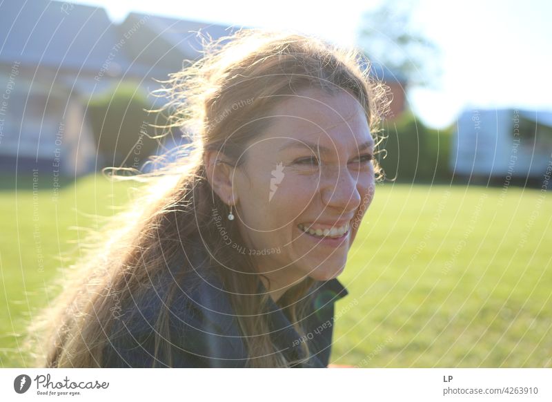 happy beautiful young woman laughing Upper body Portrait photograph Exterior shot Multicoloured Future Style Calm Joie de vivre (Vitality) Emotions Expectation