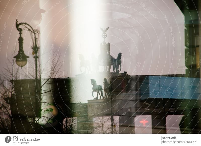 Brandenburg Gate through abstract reflection Sightseeing Historic Tourist Attraction Landmark Capital city Quadriga Pariser Platz Berlin Sky Back-light