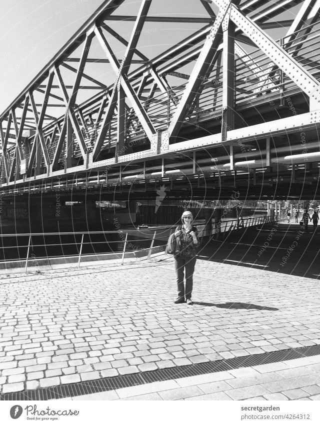 tourist for a day Tourism Tourist Bridge Hamburg Harbor city Black & white photo Turban posing Photography Architecture Harbour Port City Manmade structures