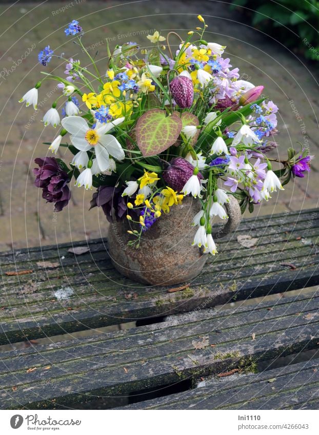 first spring bouquet from the garden Spring Garden Bouquet tonvase Flower vase Pottery vase flowers cut flowers Snake's head fritillary Poet's Daffodil