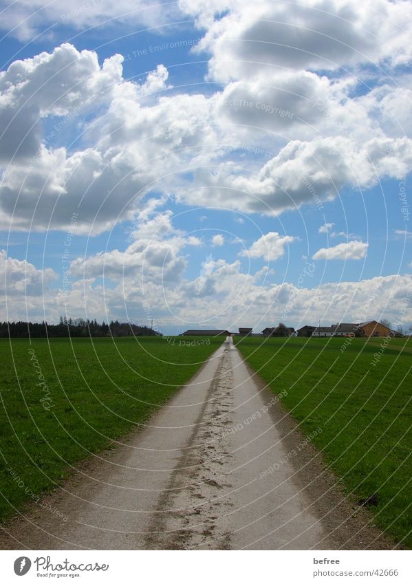 road to nowhere - part 2 Dark clouds straight street Blue sky Landscape houses at horzont strange mood