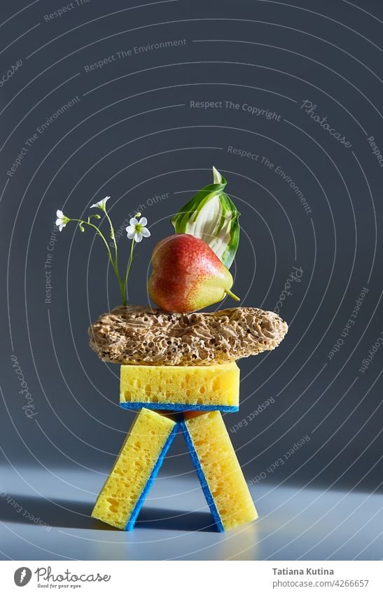 Creative composition of food, sponges, wood and flowers. Advertisement idea. Minimal nature concept. Clean and health concept. freakebana creative design