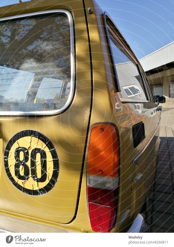 Volvo station wagon of the sixties with matching sticker on the tailgate in Lemgo near Detmold in East Westphalia-Lippe Five-door Violvo 144 Tailgate Transport