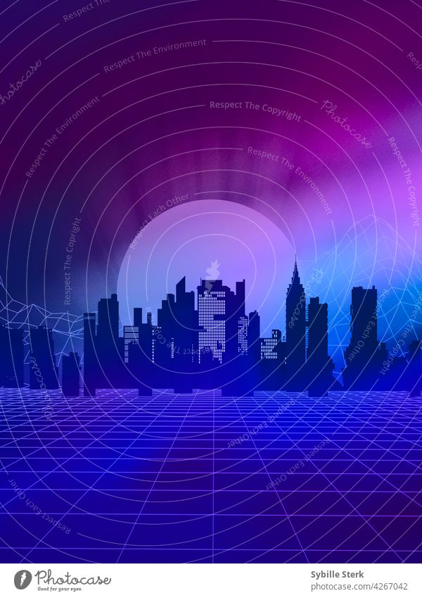 80s retro grid landscape lanscape city city skyline blue purple pink eighties mountains moon scifi cityscape urban building USA vintage skyscraper