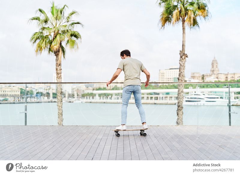 Male skateboarder riding on embankment in tropical town man activity skill hobby ride balance leisure male free time urban active casual cool ability park