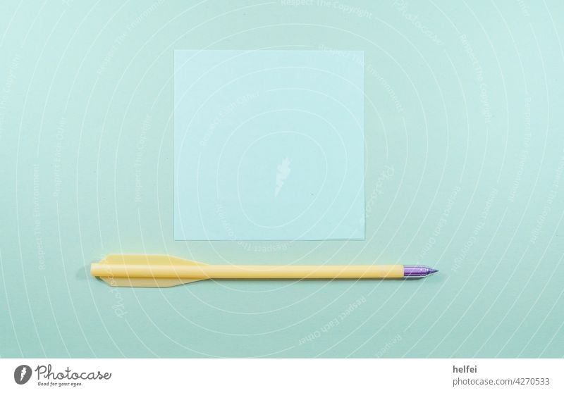 Colored paper with strong texture and a white note and a yellow arrow Paper notitz White Empty Blank background Clue Office Education School Colour photo Pencil