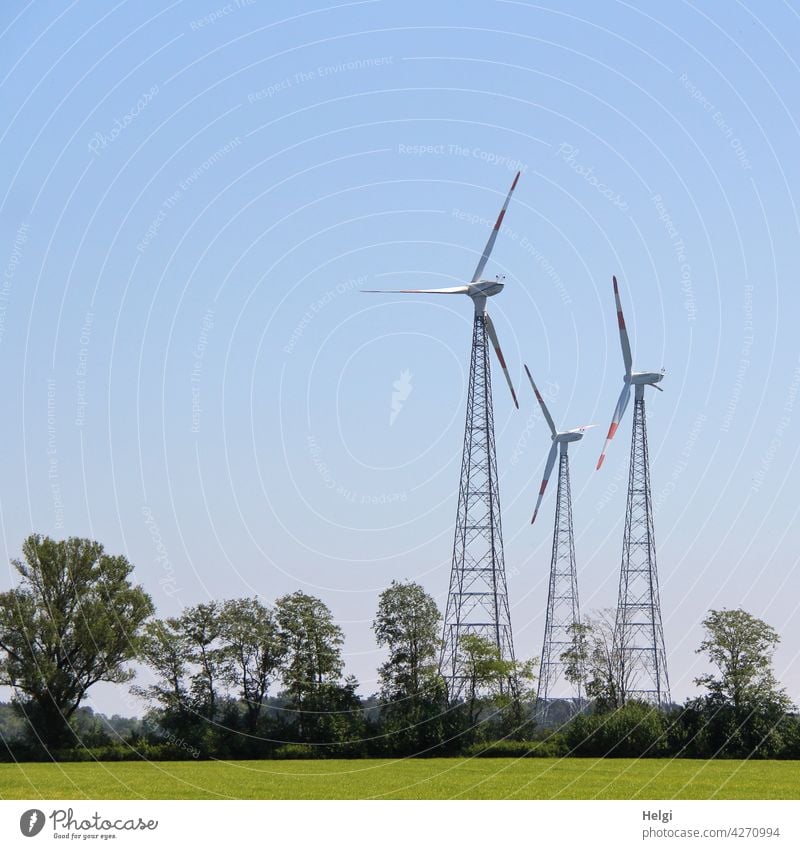 Interspaces | three lattice mast wind turbines standing in a field behind trees against a blue sky Pinwheel Lattice Mast Wind Turbine steel mast