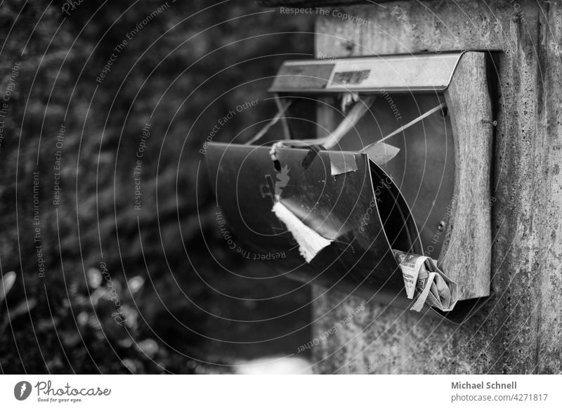 Old, defective mailbox broken Broken Mailbox Exterior shot Decline pasted up Black & white photo Newspaper old newspaper Transience