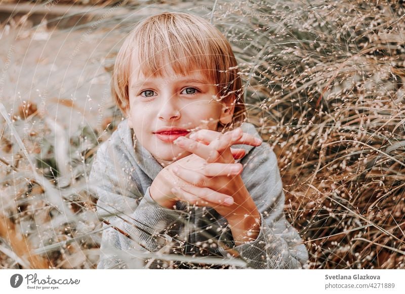 Portrait cute cool blonde caucasian Happy smiling little young boy in casual grey hoodie sitting in the tall grass against the backdrop of nature. happy smile