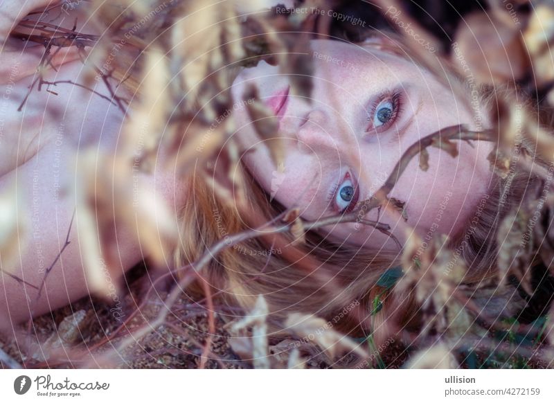 Beautiful sexy lovely young red-haired girl lying under a branch with golden autumn leaves, in the park, with friendly smile woman adult autumnal beautiful