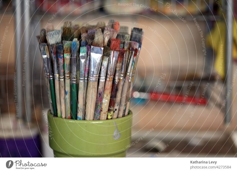 Brushes in an art workshop Paintbrush colors Art Workshop Bristles Painter Artist artistic needs Acrylic Acrylic painting Atelier Creativity Leisure and hobbies