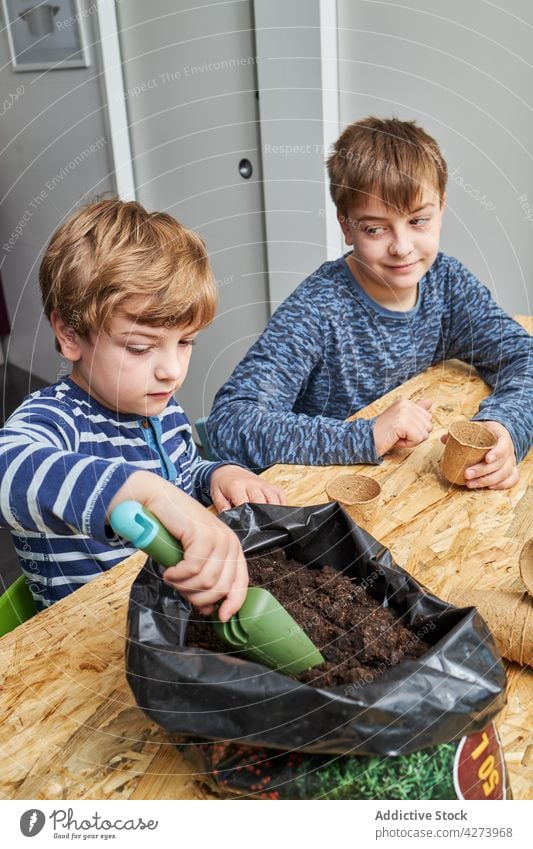 Boy with gardening trowel and soil against brother at home cup eco friendly smile attentive natural house biodegradable take children tool shovel instrument