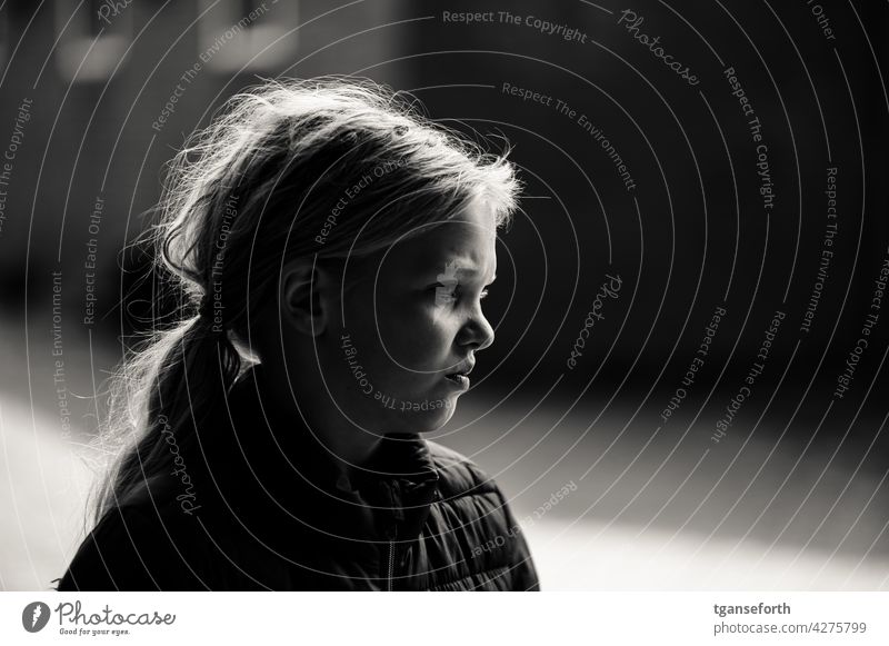 wild child Child Infancy portrait Earnest Black & white photo Wild child Girl wild hair Human being Exterior shot Hair and hairstyles Long-haired