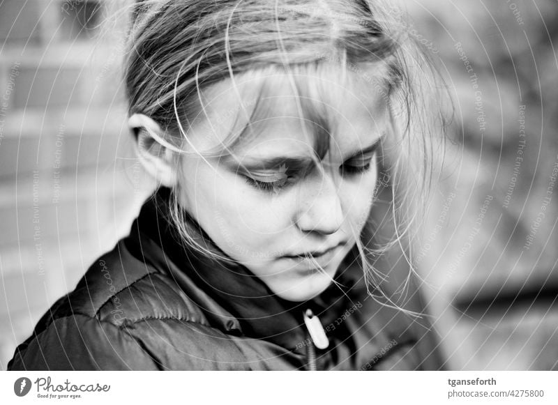 preoccupied child Child portrait Black & white photo Girl Meditative hollowed eyes closed wild hair Infancy Human being Head