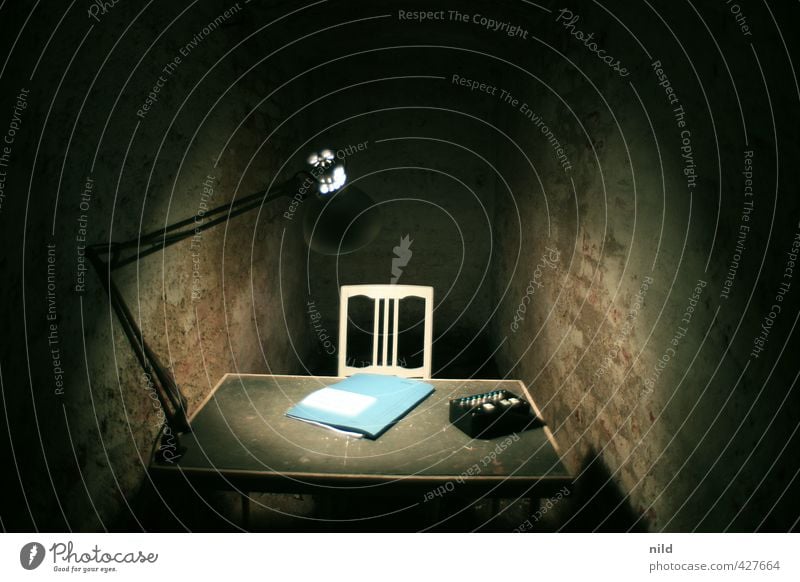 Interrogation Room - Making of Alkaline Interior design Decoration Furniture Lamp Chair Workplace Office File Cellar Stone Threat Dirty Dark Creepy Gloomy Blue