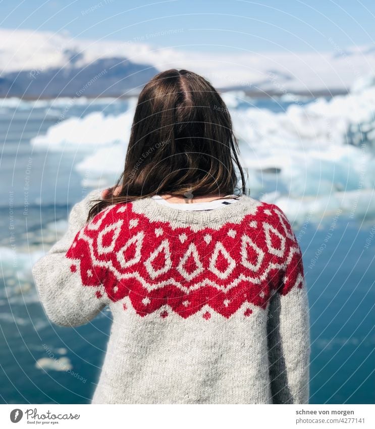 farsightedness Iceland Sweater Woman Ice lake Water Blue Green Glacier Frost Colour photo Iceberg Nature Vatnajökull glacier Lagoon Sky Landscape