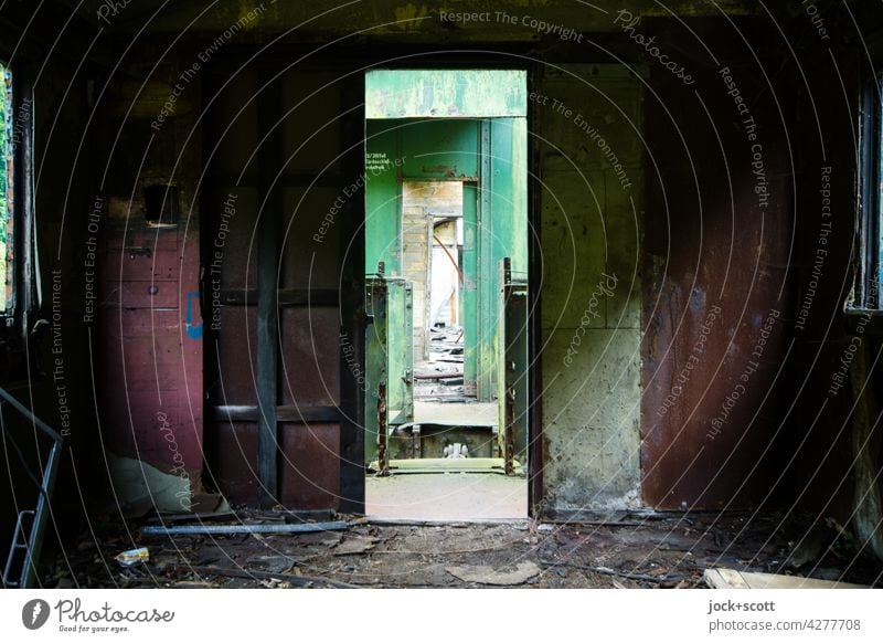 Seeing through between lost train compartments without a fixed travel time Railroad car ghost train Decline Track Train Transience Old Subdued colour Change