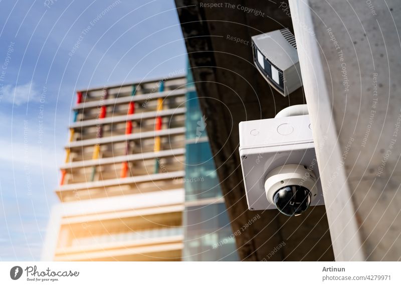 CCTV security camera video system for safety installed outside office building. Closed circuit television . CCTV electronic security system. Police equipment. Video surveillance camera technology.