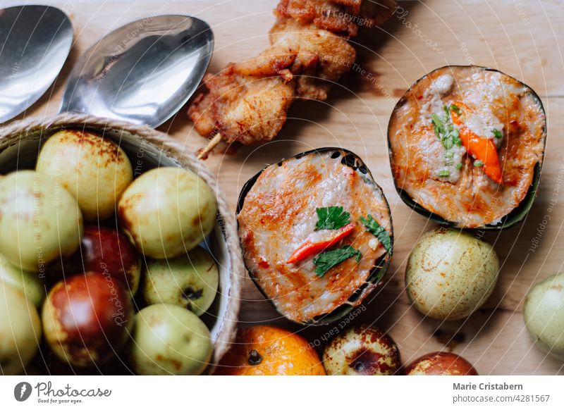 Top view of Haw Moak, a traditional Thai dish of steamed curry fish. traditional Thai food Haw-Mak Gourmet plan Thai Food Thai cuisine Food Photography complete