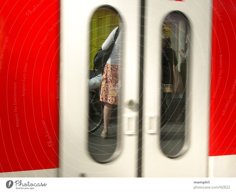 Woman on the platform Reflection Schedule (transport) Platform Transport reginal railway regional express db German Railway AG Door Train station