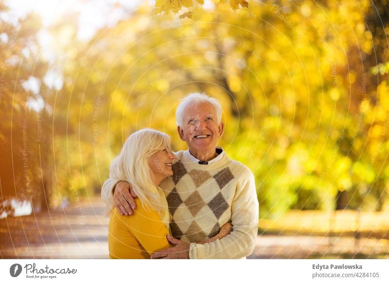 Elderly couple embracing in autumn park family woman love people outdoors portrait together nature two beautiful fall trees yellow senior mature seniors