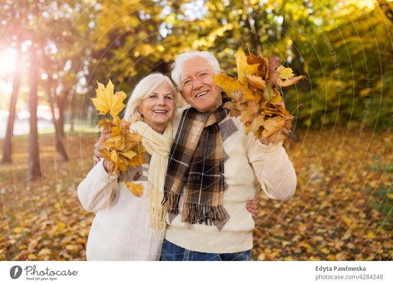 Elderly couple embracing in autumn park family woman love people outdoors portrait together nature two beautiful fall trees yellow senior mature seniors