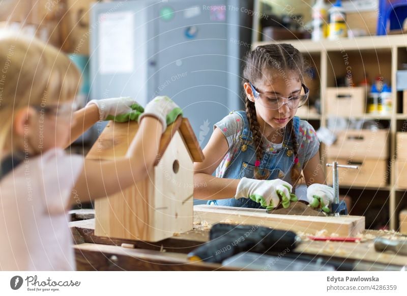 Two little girls building birdhouse in garage workshop working people child children kid kids girl power Skill craft Garage Hobby Lifestyle tools Concentration