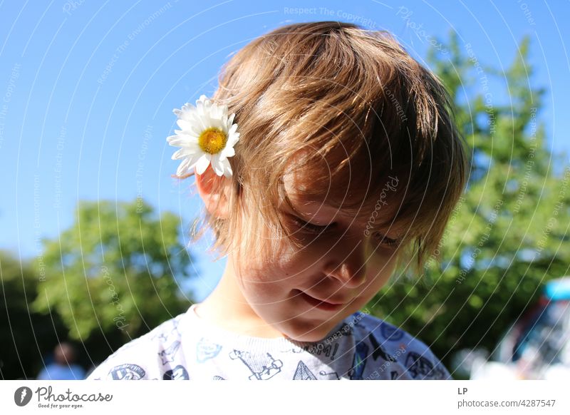 child wearing a daisy in his hair Style Design Mother's Day Human being Emotions Flower Colour photo Blossom Spring Child Parents Nature Contrast