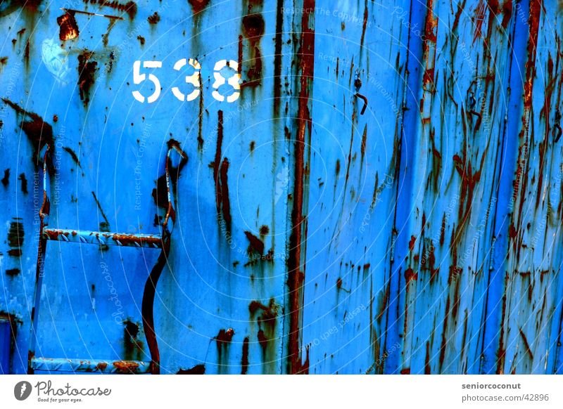 538 Digits and numbers Trash Scrap metal Transport Container Rust Blue Industrial Photography Old