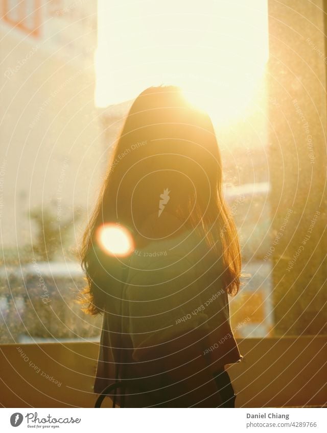 Girl's Back With Golden Sunset dawn sunrise afternoon light Sunlight Sunbeam portrait Portrait photograph Sunrise Dawn Exterior shot Light Deserted