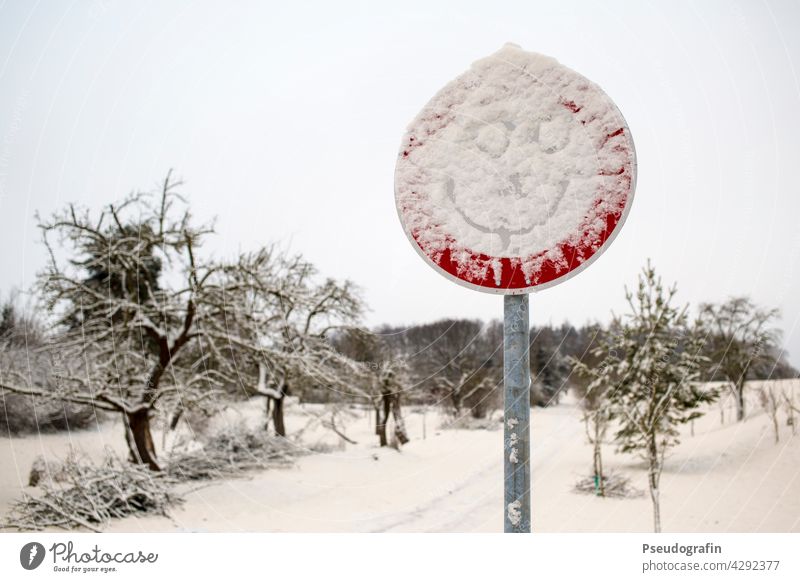 winter joy Snow street sign Smiley Winter Village idyll Village road