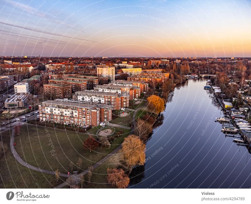 Evening atmosphere at home bille Sunset High-rise Aerial photograph drone Twilight block of flats Jetty Canoe Tributary River Hamm Hamburg