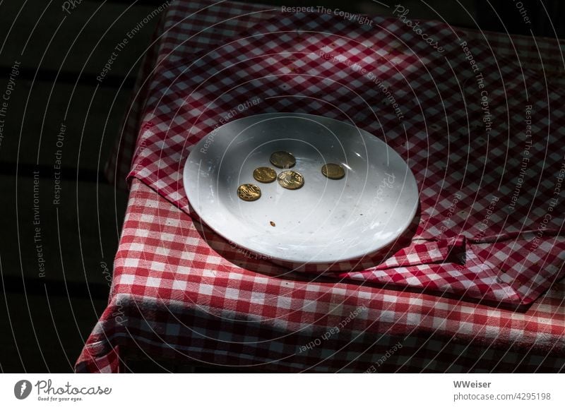 A plate with coins on the table invites the users of the toilet to pay Plate Coins tablecloth Money LAVATORY Toilet Shadow small change Change Payment charge