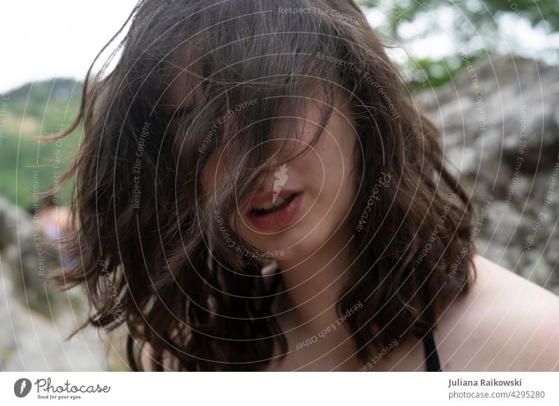 dark haired woman with hair on her face Woman Hair and hairstyles Face portrait pretty Girl Young woman Youth (Young adults) Human being Feminine Adults