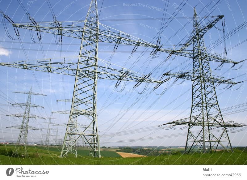 energy Electricity Electricity pylon Wide angle Industry Cable Sky Transmission lines