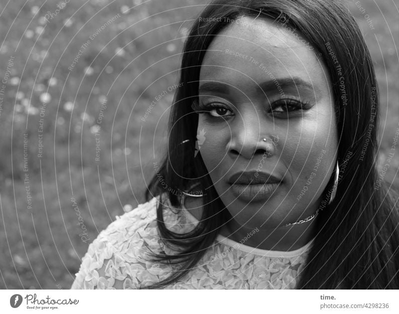 Gené, skeptical Close-up Meditative eyeball Skeptical Looking Feminine portrait feminine Woman earring B/W