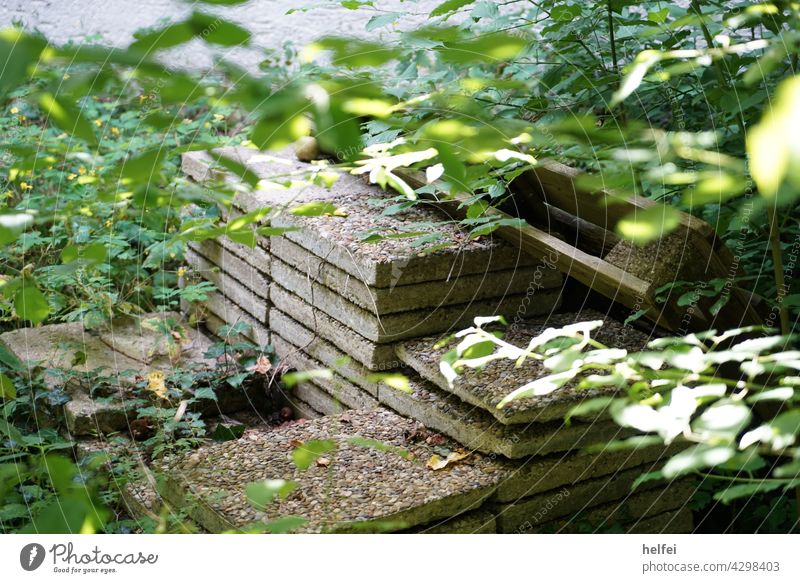 Washed concrete slabs overgrown on a Lost Place washed concrete Stony Loneliness forsake sb./sth. melancholy Contrast Authentic Transience Decline Grief Sadness