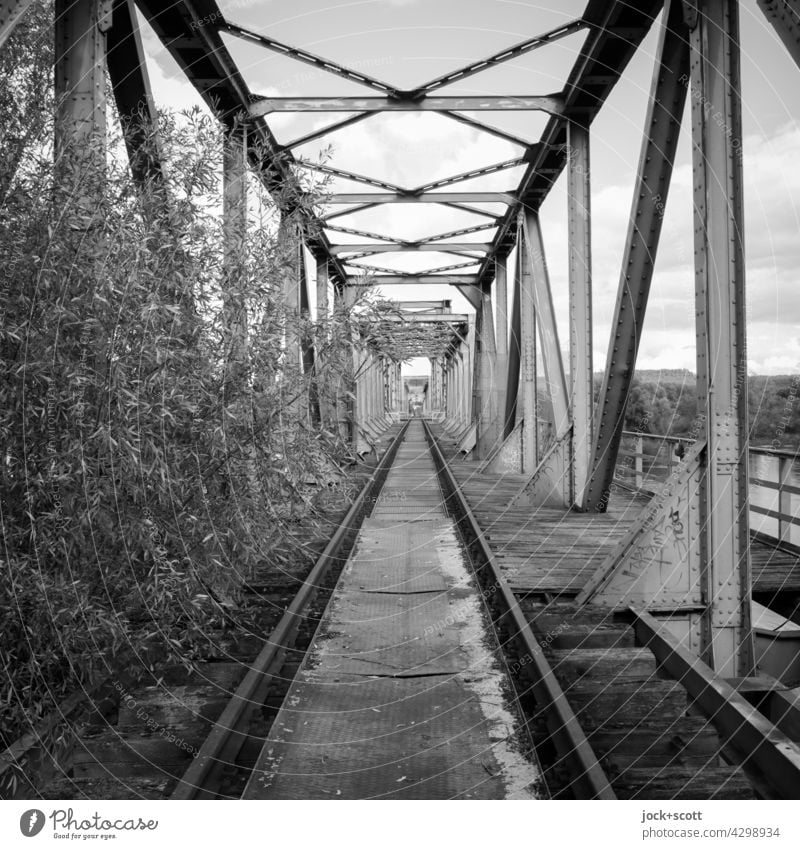 lost bridge between time Railway bridge Railroad tracks lost places Border area Structures and shapes Symmetry Traffic infrastructure Right ahead