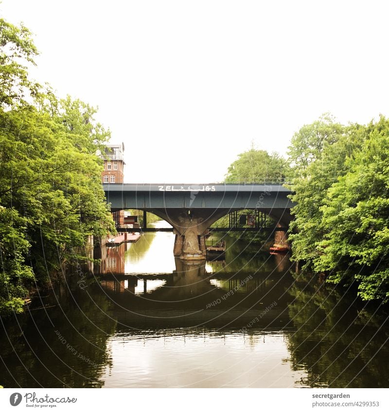 Building a bridge Bridge Fleet River Water Hamburg Architecture Summer Channel Manmade structures Reflection Germany Green trees round Colour photo Sky