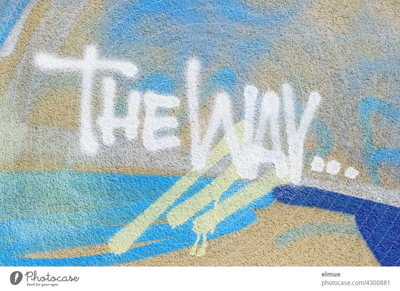 THE WAY ...   is sprayed in white on a graffiti wall / graffito / youth culture / orientation the way Graffito Graffiti White English Blue Wall (building) Spray